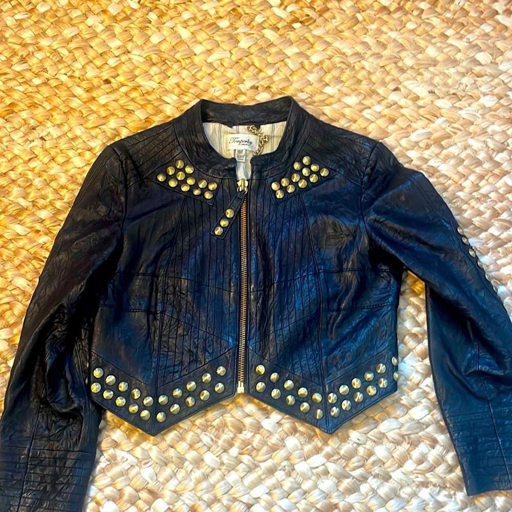 Temperley London black studded cropped leather jacket size 6